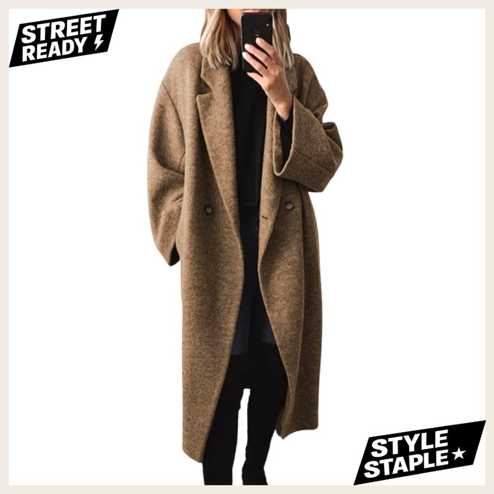 Women's Winter Wool Pea Coat Double Breasted Notch Lapel Long Trench